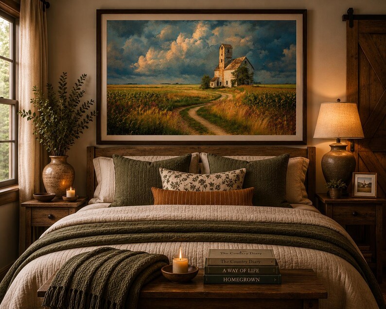 May include: A framed landscape wall art print depicting a rural scene with a stone building, a dirt path, and a field under a dramatic cloudy sky. The artwork is displayed above a bed with olive green pillows, a textured throw, and books.