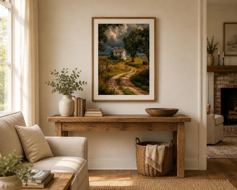 May include: A framed landscape print featuring a white house at the end of a winding dirt path through a grassy field under a dramatic, cloudy sky. The artwork is displayed in a light wood frame hanging on a neutral wall above a wooden console table.