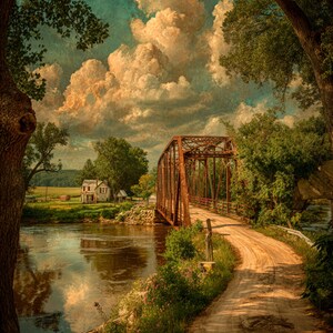 May include: A landscape scene featuring a rusty metal truss bridge spanning a calm river. A dirt road leads to the bridge, flanked by green trees and wildflowers. In the distance, a small house sits near a field under a sky with large clouds.