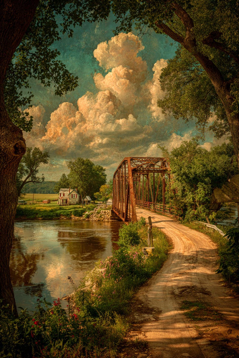 May include: A landscape scene featuring a rusty metal truss bridge spanning a calm river. A dirt road leads to the bridge, flanked by green trees and wildflowers. In the distance, a small house sits near a field under a sky with large clouds.