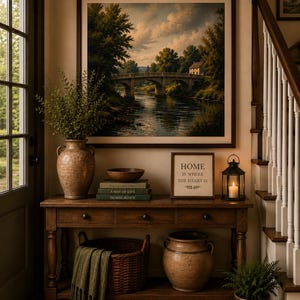 May include: A wooden console table featuring three drawers, a large landscape painting of a stone bridge over a river, a ceramic vase with greenery, a stack of books, a bowl, a framed sign reading HOME IS WHERE THE HEART IS, and a lantern.