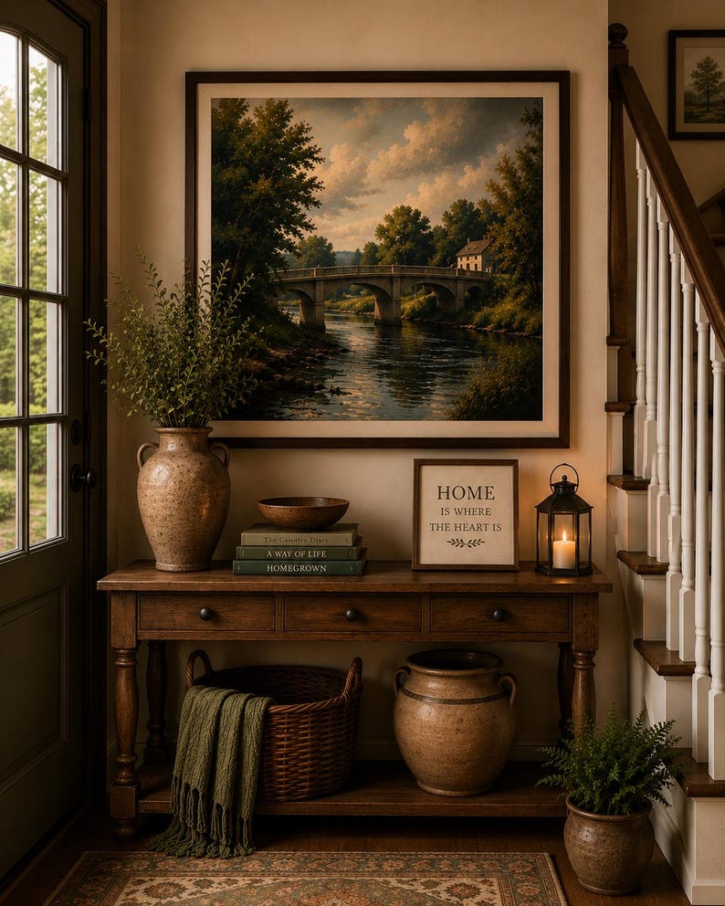 May include: A wooden console table featuring three drawers, a large landscape painting of a stone bridge over a river, a ceramic vase with greenery, a stack of books, a bowl, a framed sign reading HOME IS WHERE THE HEART IS, and a lantern.