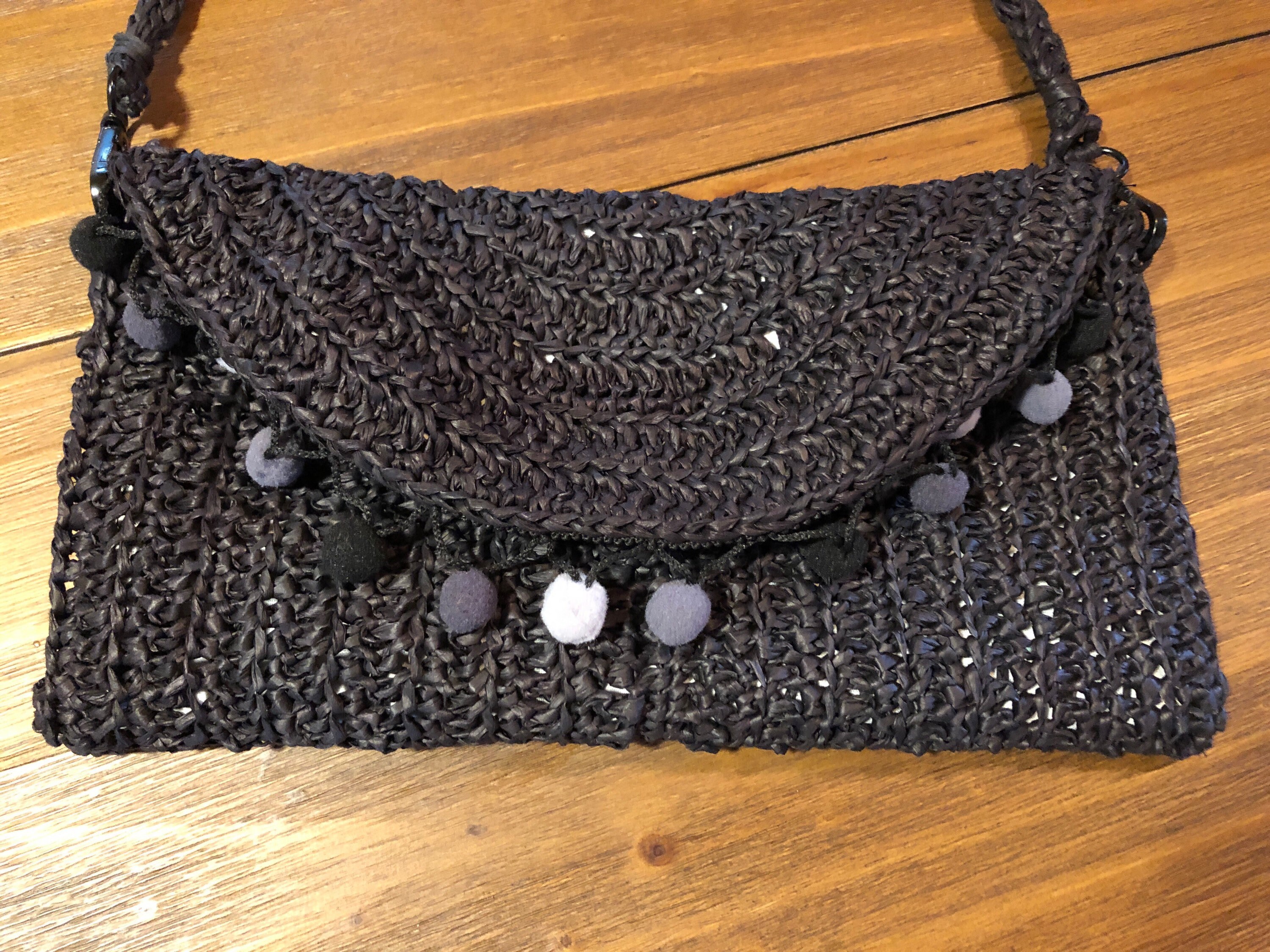 Black Raffia Shoulder Purse with Pom Poms. 11 x 6. Lined Etsy
