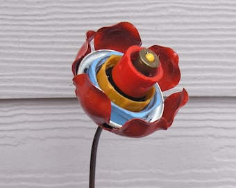 17" tall, red metal flower, flower for vase, vase filler, table decor, metal art, upcycled art, flower art, found object, balcony decor