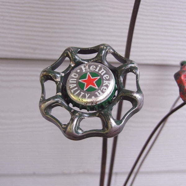 17" tall, Green flower, red star flower, metal flower, upcycled art, bottlecap art, faucet flower, garden stake, country decor, vase filler