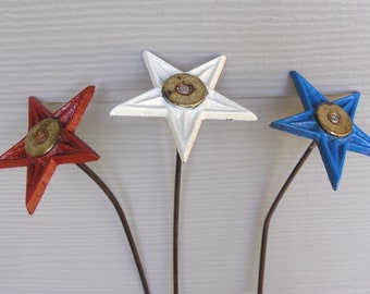 Red white & blue set of 3 Texas star flowers, patriotic decor, Texas gift July 4th cast iron star garden stake country decor vase filler