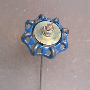18" faucet flower: blue flower, brass center, metal flower, upcycled art, yard art, vase filler