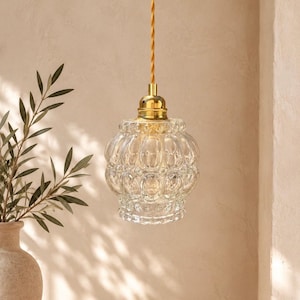 Baladeuse en verre transparent bulles vintage années 50-60 - lampe suspension rétro avec câble textile