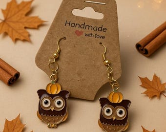 Fall Earrings - Handmade Autumn Owl & Pumpkin Dangle Earrings - Thanksgiving Harvest Jewelry