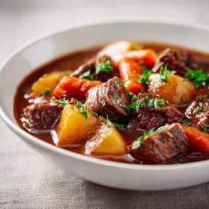 May include: A white bowl filled with beef stew containing chunks of tender beef, diced potatoes, and sliced carrots in a rich, dark brown gravy. The dish is garnished with fresh green parsley, providing a vibrant contrast to the savoury ingredients.