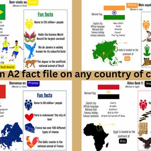 May include: A custom A2 fact file featuring flags, maps, and fun facts about various countries, including Brazil, France, India, and Egypt. Each section includes the capital city, official language, national dish, and famous landmarks.