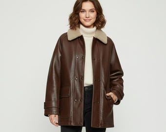 Braune Schaffell-Leder Fliegerjacke | Vintage Style, Kunstpelz Kragen
