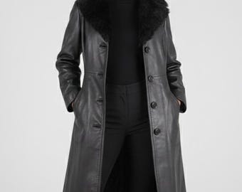 Echtleder Trenchcoat | Schwarzer Pelzkragen, Damen Wintermantel