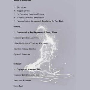 Może przedstawiać: Cyfrowy dokument zatytułowany „Postpartum/Paternal Mental-Health Toolkit” z tabelą zawartości i sekcjami dotyczącymi tematów takich jak grupy wsparcia i radzenie sobie ze stresem. Tło jest jasnofioletowe z białą, eteryczną ilustracją.