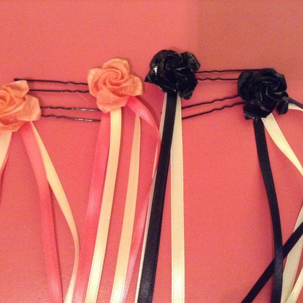 Origami Roses Wire Hairpin with Ribbons - 1 Pair