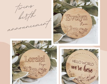 Twins Birth Announcement - wood birth announcement sign - birth announcement - Personalized baby birth announcement - engraved florals