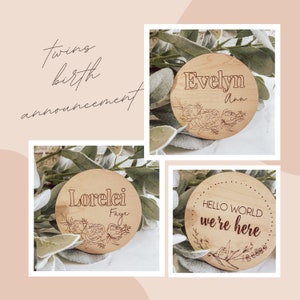 Twins Birth Announcement - wood birth announcement sign - birth announcement - Personalized baby birth announcement - engraved florals