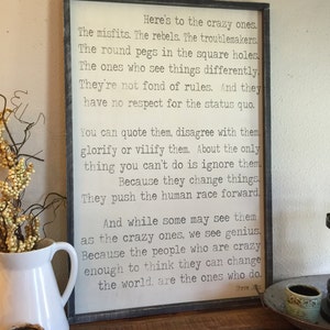 Here's To The Crazy Ones | 24x36 | Custom Framed Wood Sign | Steve Jobs Quote