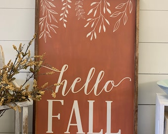 Hello fall 24x36 wood sign.  Fall decor . Custom colors available.