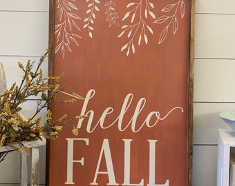 Hello fall 24x36 wood sign.  Fall decor . Custom colors available.