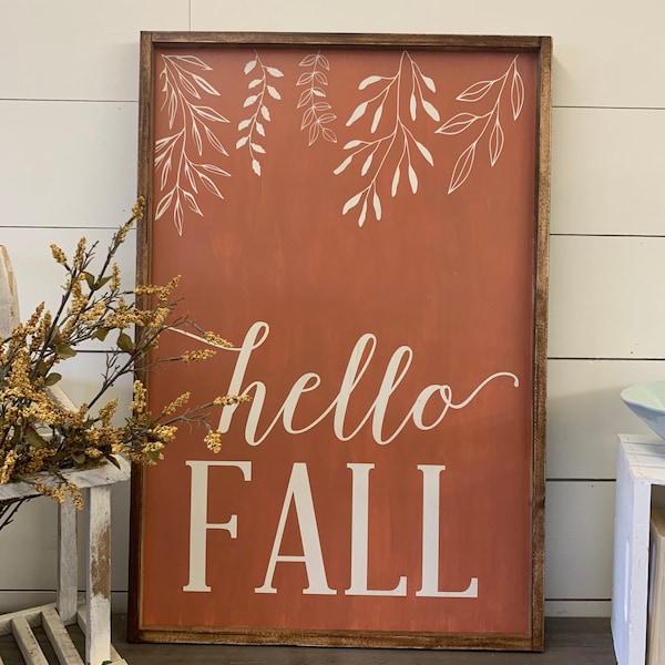 Hello fall 24x36 wood sign.  Fall decor . Custom colors available.