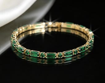 Emerald Green Tennis Bracelet, Gold Plated Art Deco Bangle, Baguette CZ Vintage Jewelry, May Birthstone Gift, Bestie Bridesmaid Gift