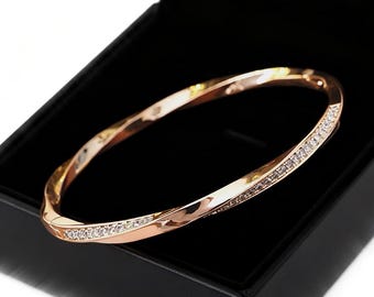Rose Gold Mobius Bangle, Infinity Twisted Bracelet, Pave Crystal Cuff, Endless Love Symbol, Birthday Gift for Her