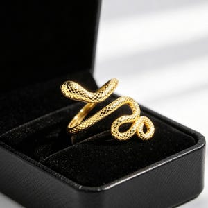 May include: A gold-toned ring shaped like a coiled snake with a textured, scale-like pattern across its surface. The snake design wraps around to form the band, featuring a detailed head and a looped tail, presented in a black jewellery box.