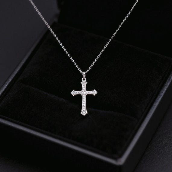 Moissanite Cross Necklace 925 Sterling Silver, NewYear Gift for Her, Valentine's Day Gift, Birthday Jewelry, Religious Pendant for Wife