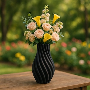 Puede incluir: Un jarr&oacute;n negro texturizado con un dise&ntilde;o en espiral contiene un ramo de flores. El ramo incluye calas amarillas, rosas color melocot&oacute;n y peque&ntilde;as flores blancas. El jarr&oacute;n est&aacute; sobre una superficie de madera, con un jard&iacute;n borroso de fondo.