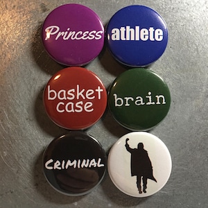 The Breakfast Club Set of 6 buttons Princess, Athlete, Brain, Basket Case, Criminal, Fist Pump 1.5&quot; in size
