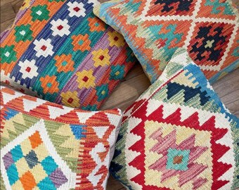 Set di fodere per cuscini Kilim tessuti a mano / Cuscini decorativi colorati in stile boho geometrico tribale