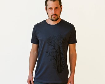 Organic men's T-shirt / T shirt men alder with magpie in india ink gray