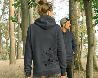 Sudadera con capucha orgánica unisex arándano en gris tinta india para mujeres y hombres / sudadera con capucha para mujeres