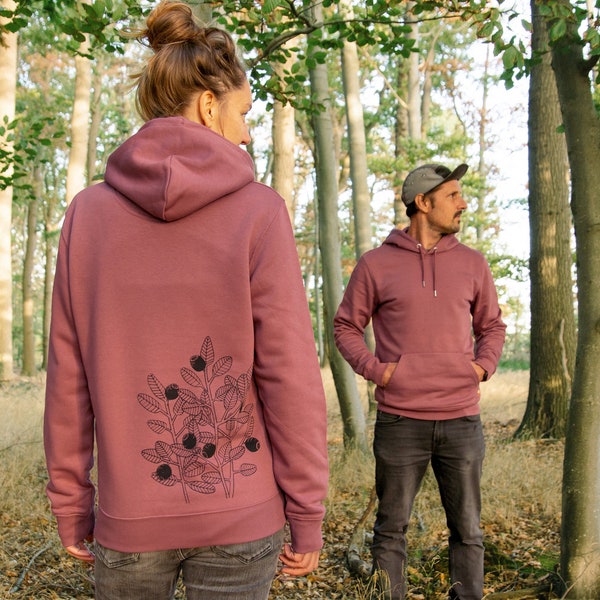 Bio Hoodie Damen mit Blaubeeren in pink / Kapuzenpullover Frauen / hoodie mit back print naturmotiv