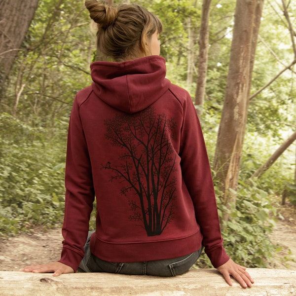 Bio Pullover Damen / Hoodie Damen back print / Sweatshirt Frauen mit baum motiv aus ökologischer Baumwolle in burgundy / bio mode