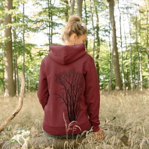 Organic sweat jacket unisex alder with magpie in burgundy / red zip hoodie for women / women's hoodie with tree image 1