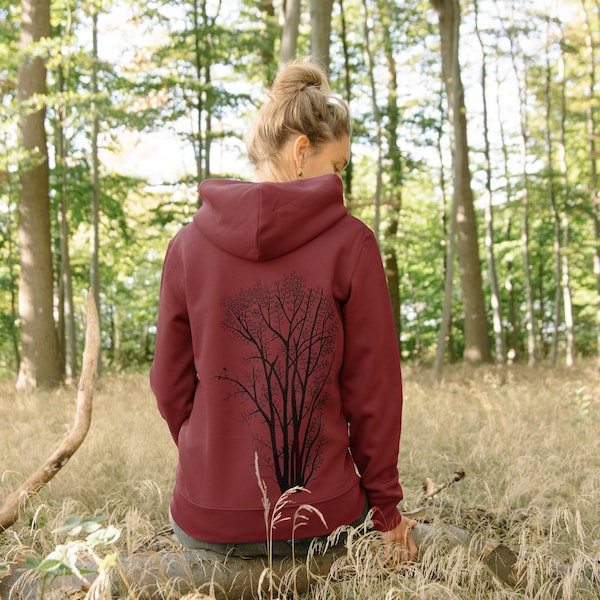 Bio Sweatjacke unisex Erle mit Elster in burgundy / roter zip hoodie für Frauen /  Hoodie Damen mit Baum