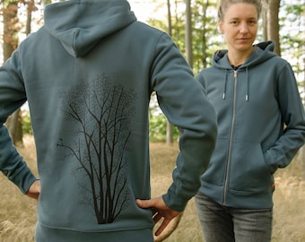 Bio Sweatjacke unisex Erle mit Elster in stargazer / grüne Baum Jacke Herren / blauer Hoodie Männer mit Baum