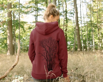 Organic cotton sweatshirt, unisex, alder with magpie in burgundy / hand-printed women's jacket / zip hoodie, tree / bird sweatshirt / hooded jacket