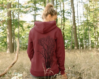 Organic sweat jacket unisex alder with magpie in burgundy / red zip hoodie for women / women's hoodie with tree