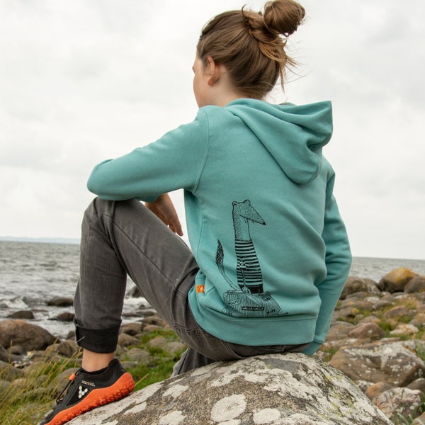 Bio Hoodie Kinder / Kapuzenpullover Kinder / Sweatshirt Kinder Reisewiesel in teal monstera