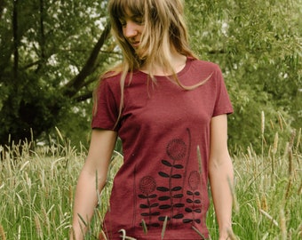T-shirt organica da donna / maglietta da donna fiore di foresta in bordeaux erica
