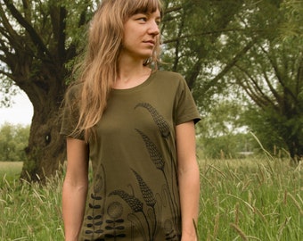 Camiseta boho verde para mujer con flores/camiseta hippie para mujer pradera en caqui británico