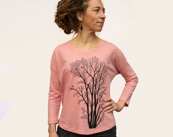Organic 3/4-sleeve shirt / long-sleeve alder with magpie in canyon pink