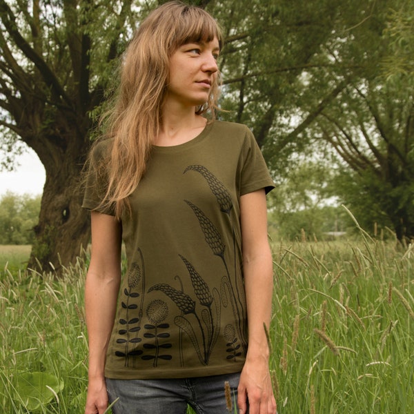 t-shirt boho vert femme avec fleurs / t-shirt hippie femme prairie en kaki britannique