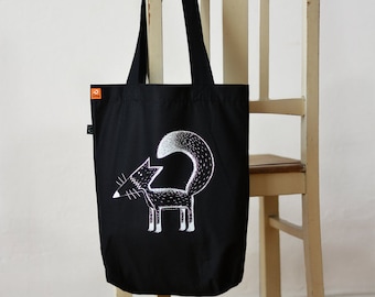 Fuchs Jutebeutel schwarz / Shopper / Einkaufstasche aus bio baumwolle