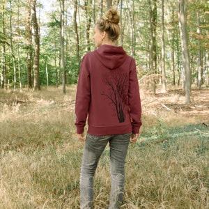 Organic sweat jacket unisex alder with magpie in burgundy / red zip hoodie for women / women's hoodie with tree image 6