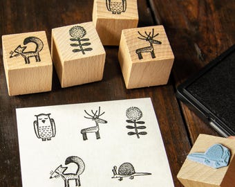 5er-Set Tier Stempel aus Buchenholz /  Stempel Tiere Naturmotive / Lehrer Stempel für DIY und Weihnachten / Geschenke für Adventskalender
