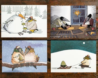 Christmas postcard set with 4 designs / Christmas greeting card / Bird postcards, winter, Christmas bakery / Raven postcard, birds